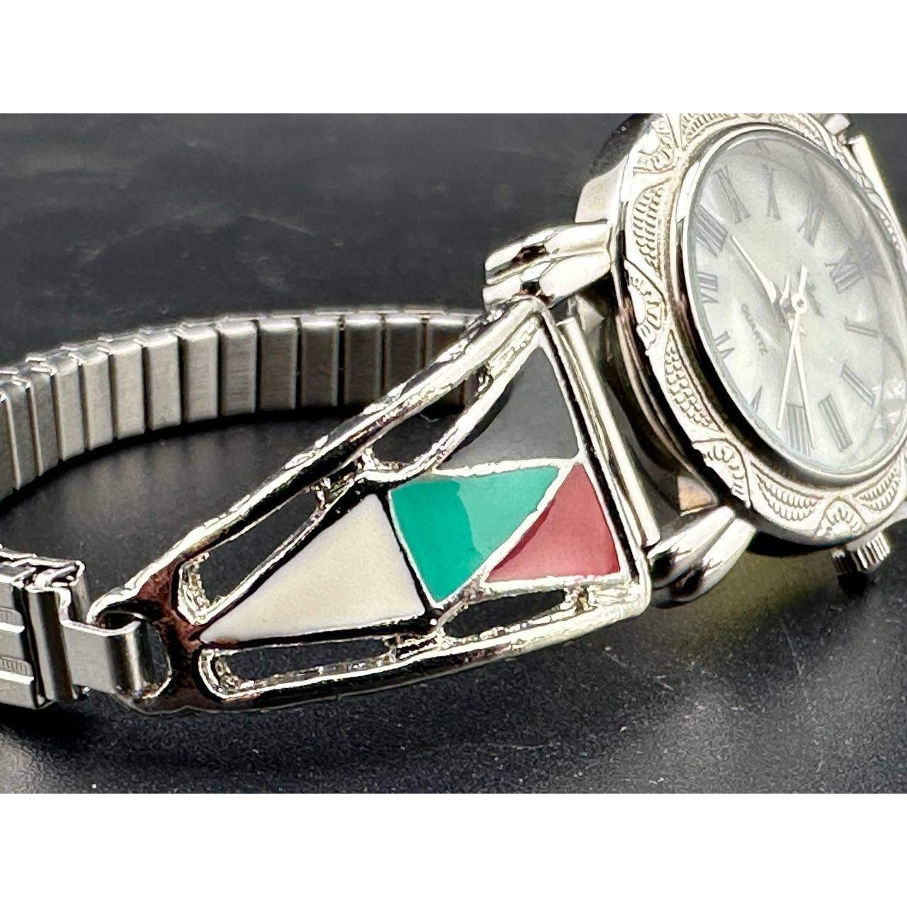 Vintage Women’s Quartz Watch Silver Tone Geometric Enamel Expansion – 056 (54)