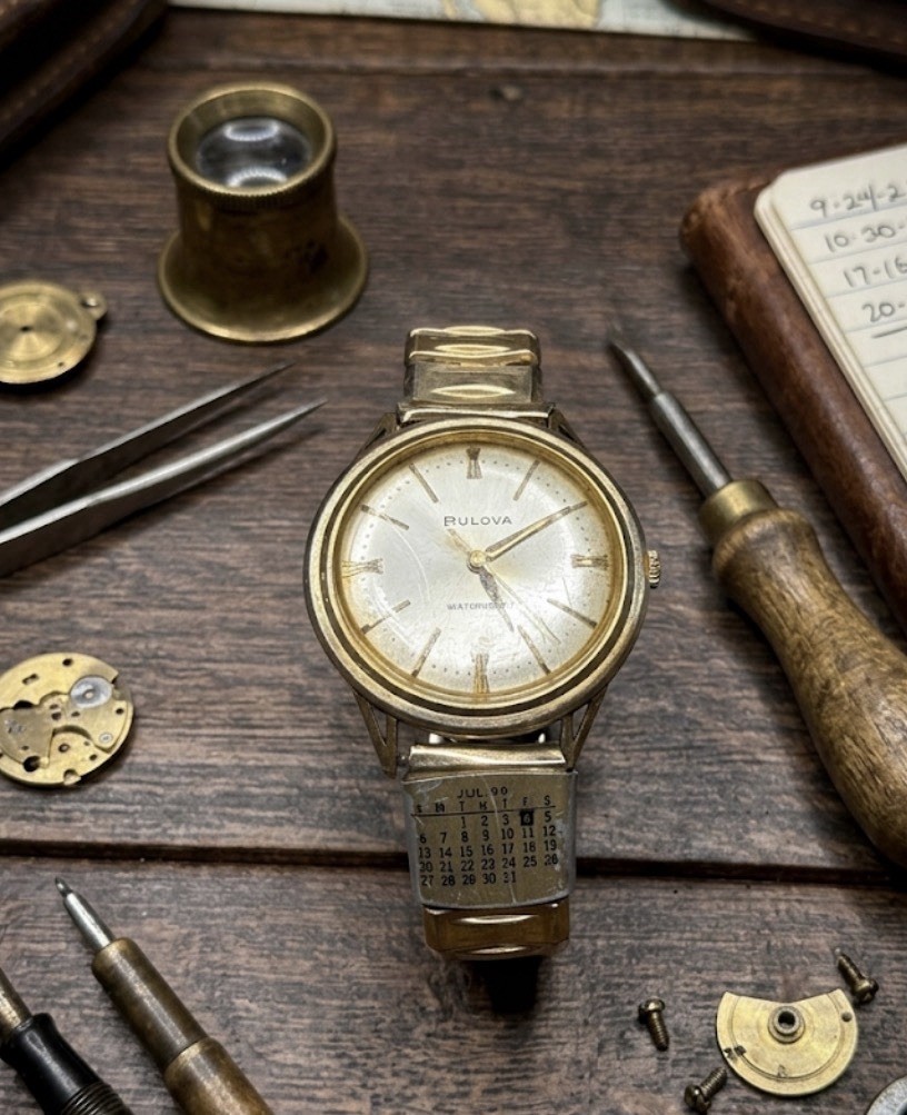 Vintage 1960’s Bulova Watch M0 Gold Tone July 1969 Calendar Band Repair Parts