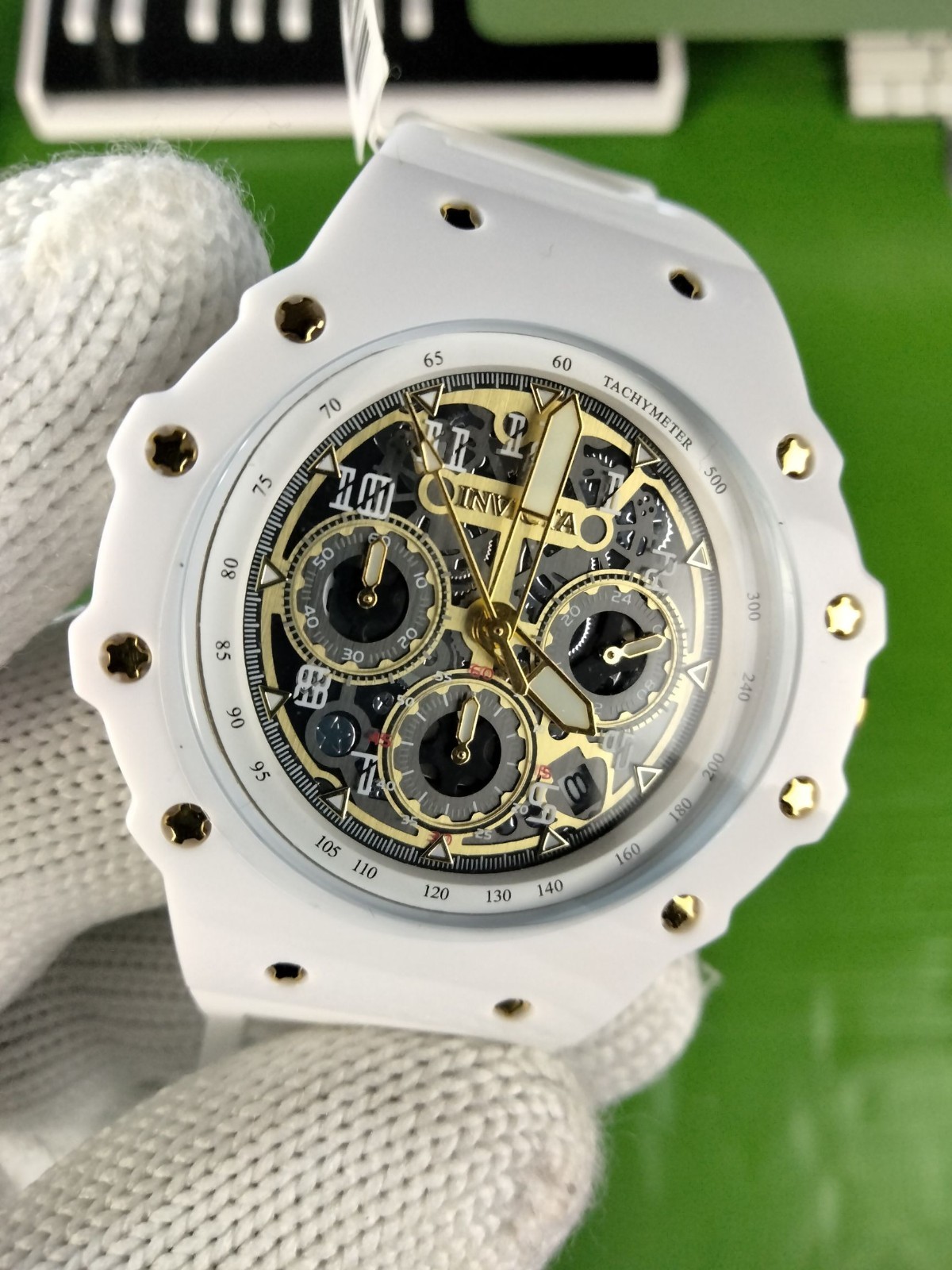 Invicta Racing 69649 Men White Skeleton Gold Dial Silicone Quartz Watch 43.5 mm