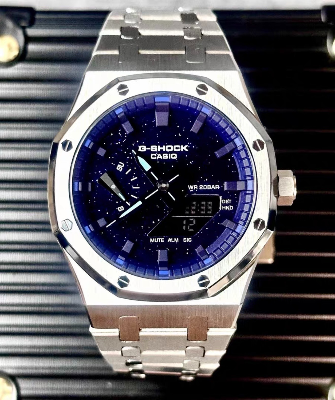 Custom Casio GA-2100 CasiOak Mod Silver Steel Band Blue Star Dial Watch Sapphire