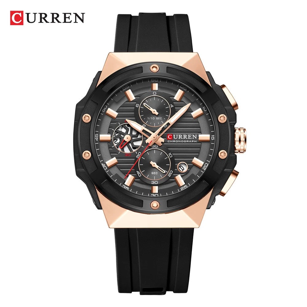 CURREN Men Sport Watch Chronograph Quartz Large Dial Silicone Strap Waterproof