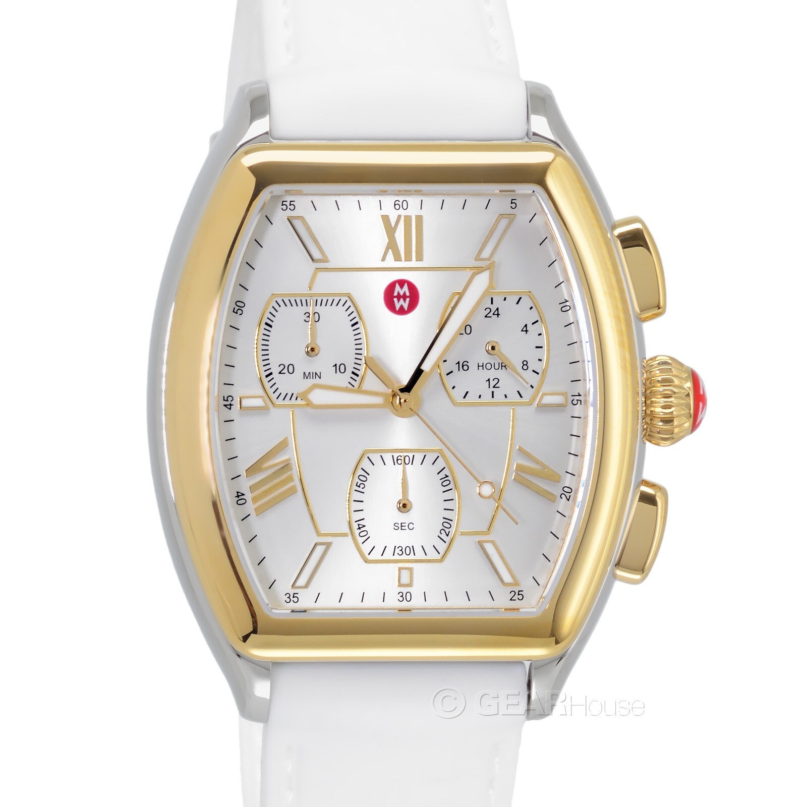 MICHELE Releve Womens Two-Tone Chronograph Watch Gold Silver White Silicone Band