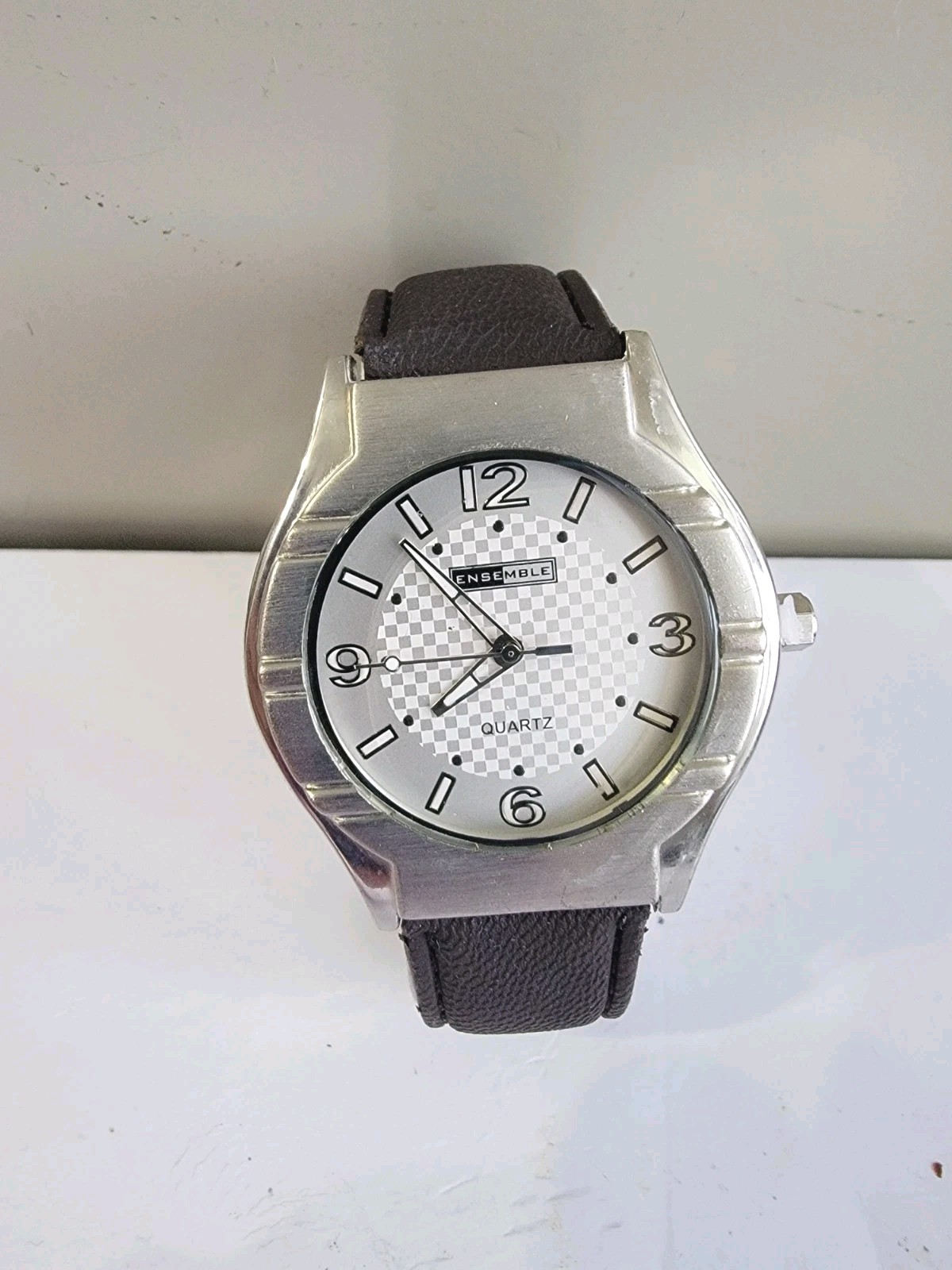 Ensemble Men’s Quartz Watch, Silver Tone Case, Checkered White Dial, Black…