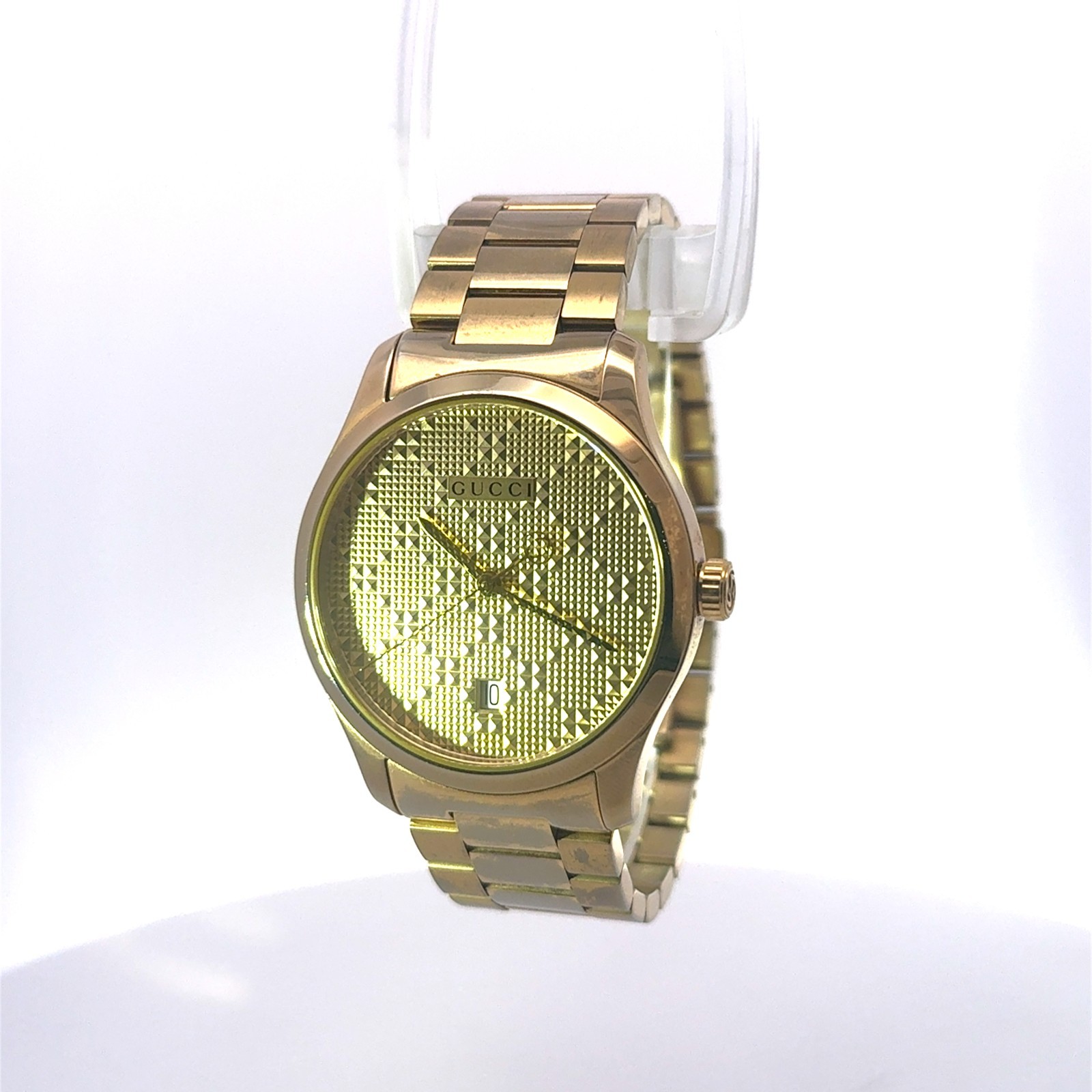 Gucci G-Timeless 126.4 Gents Swiss Watch Geometric Dial Gold Dial w/ Date 38mm