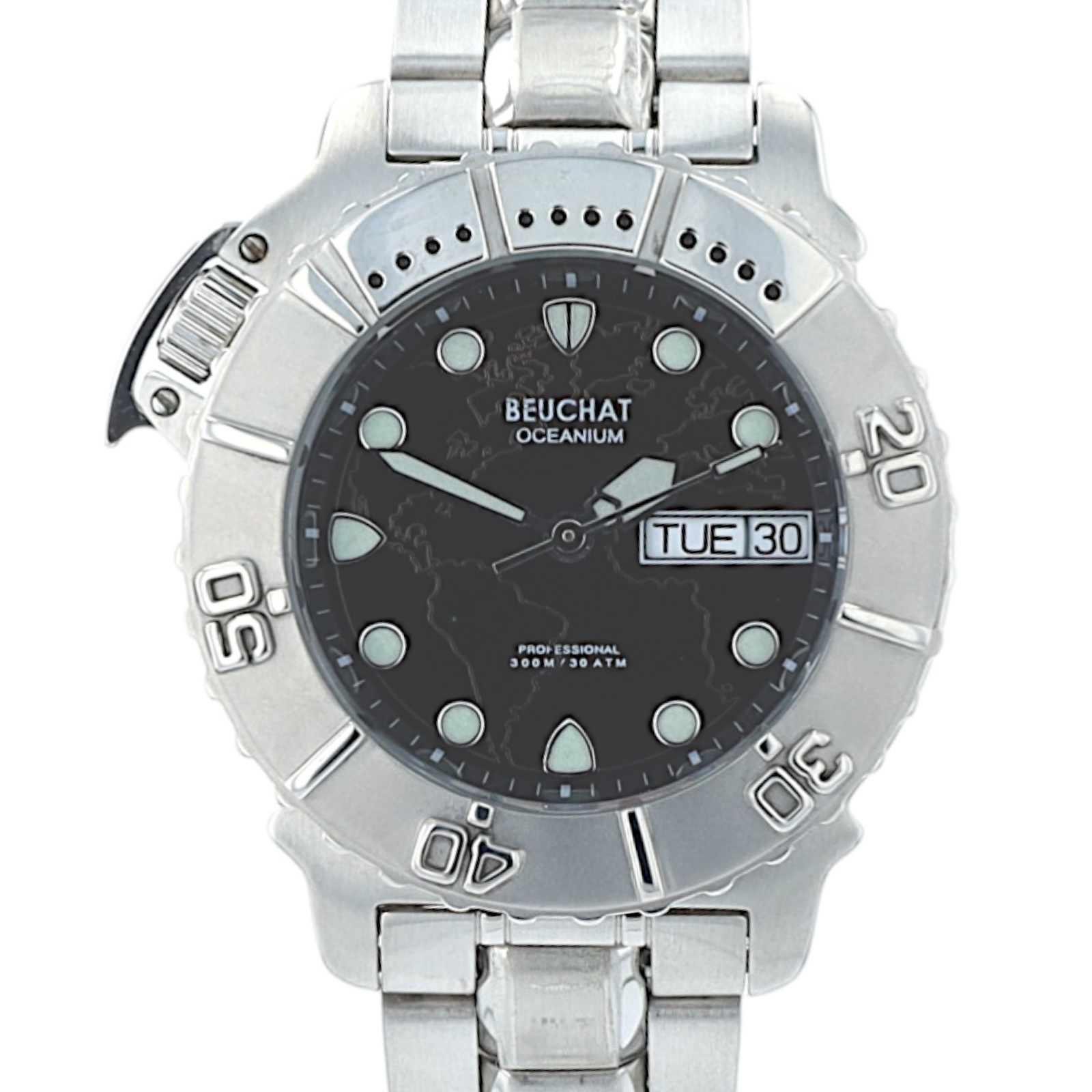 Beuchat Oceanium Ladies Watch 300M Diver Black World Map Dial Swiss Steel Date