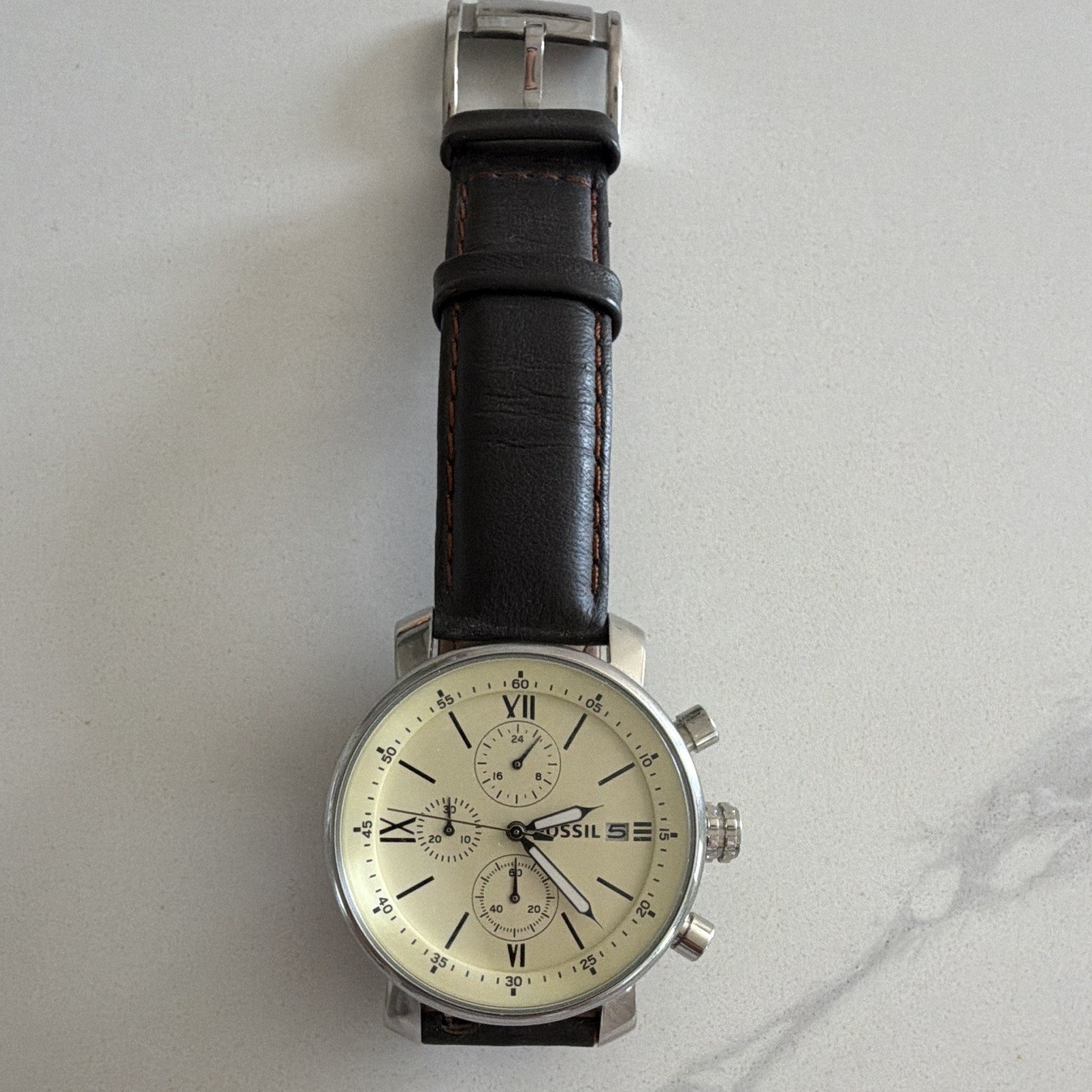 Fossil Men’s Rhett BQ1007 Quartz Chronograph Dark Brown Leather Strap Cream Dial