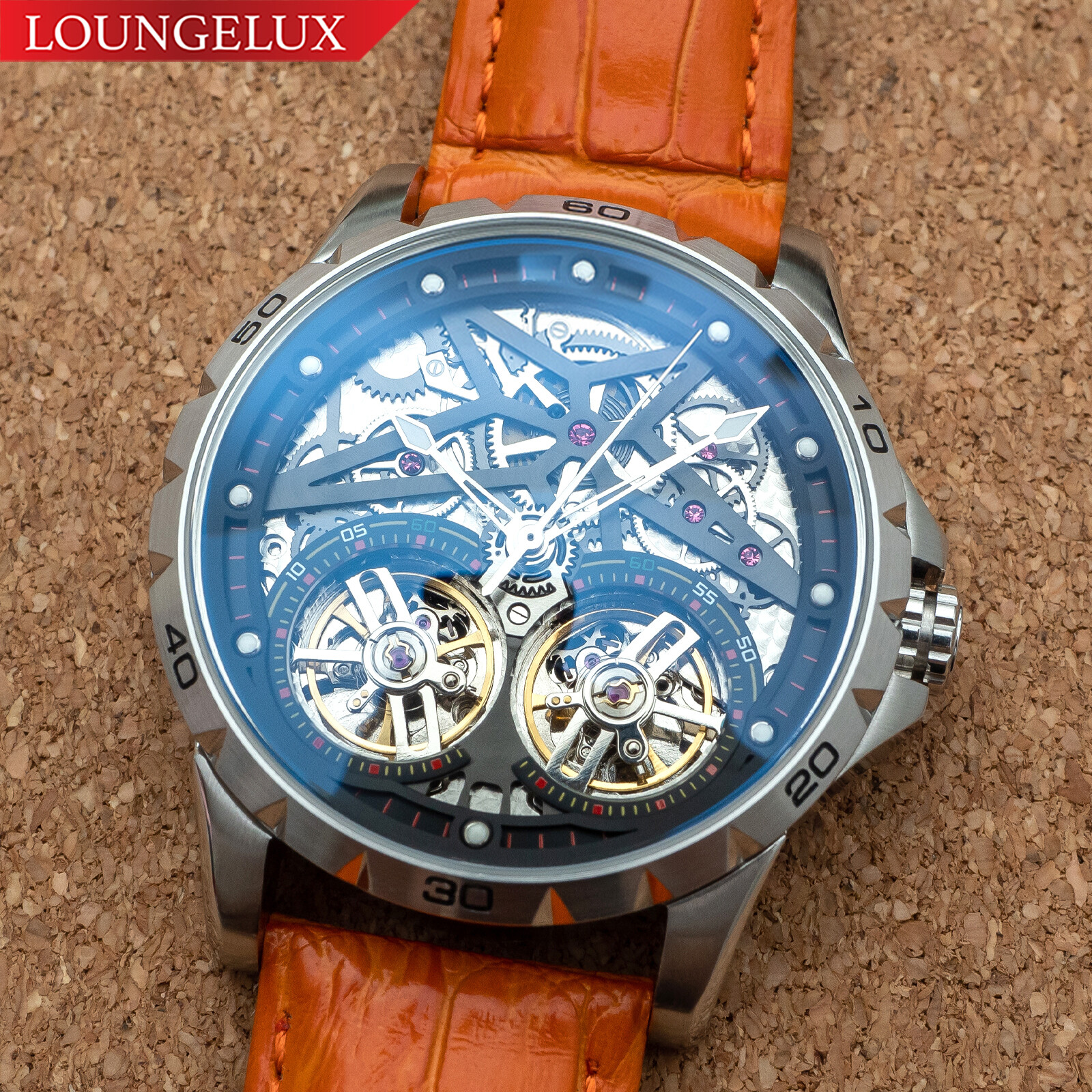 Mens Silver Double Flywheel Skeleton Automatic Mechanical Watch Orange Leather