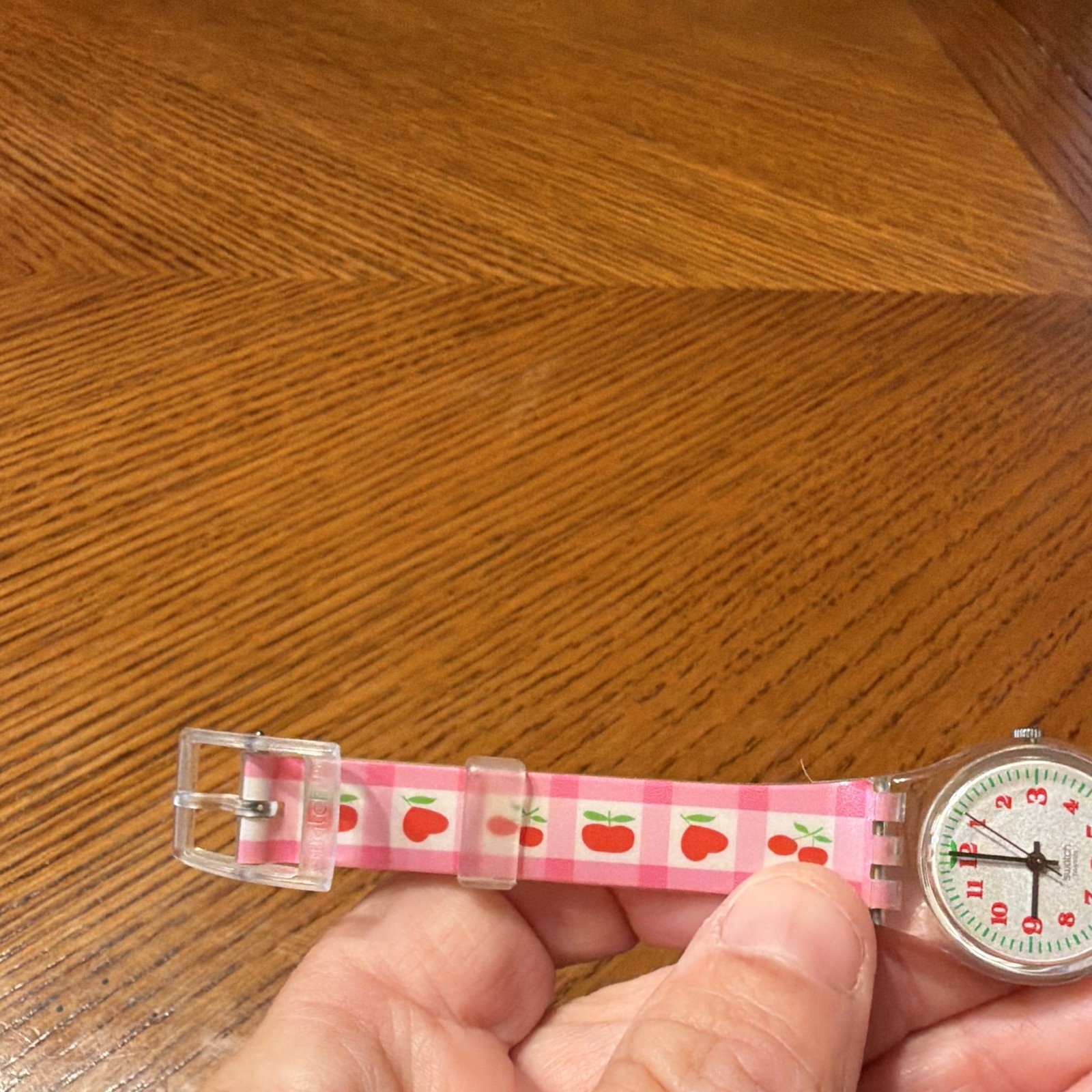 Swatch Lady Quartz Analog Fruit Dial Clear Plastic Case Pink Strap 25mm