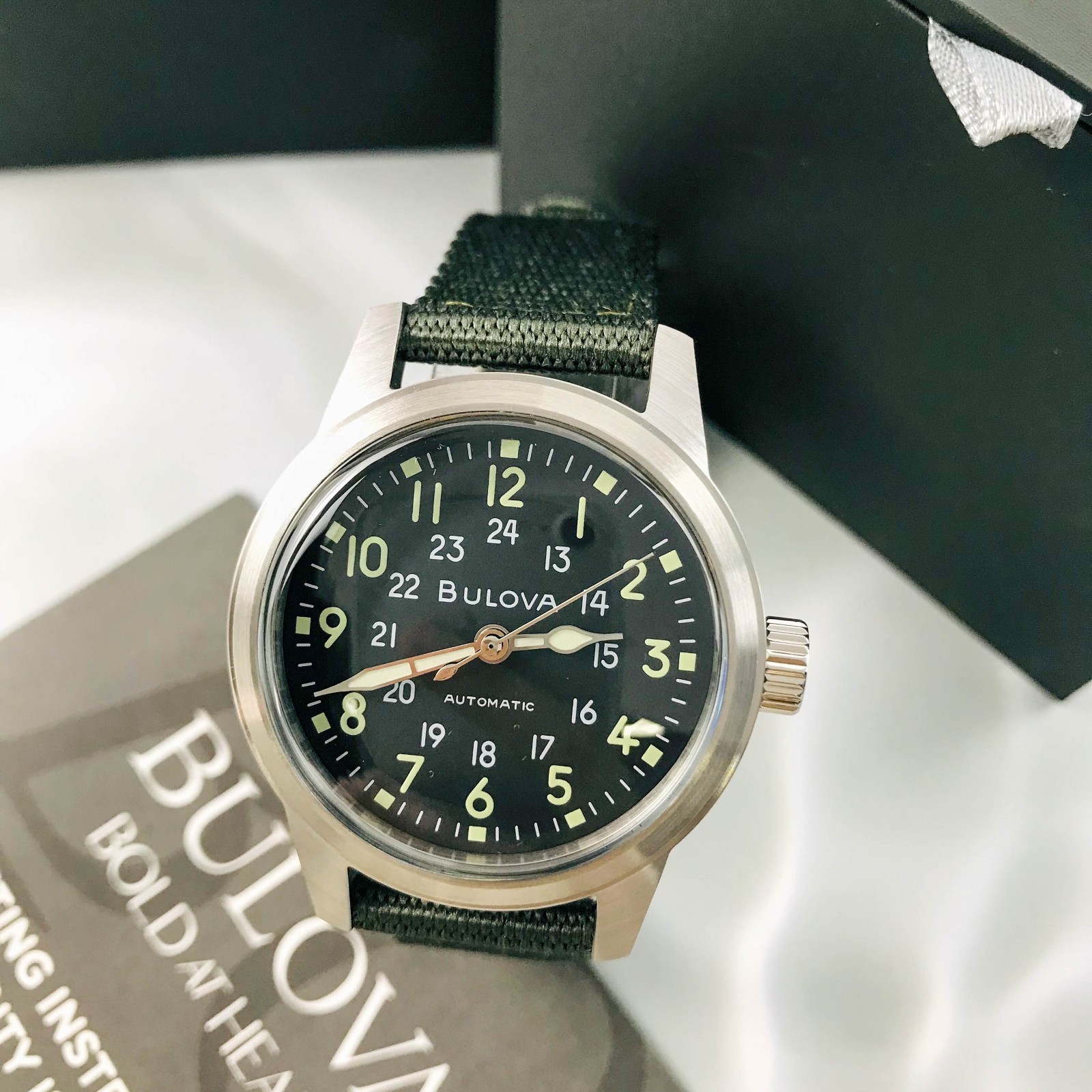 Bulova Special Edition 96A259 Hack Black Dial 38MM Green Fabric Strap Mens Watch