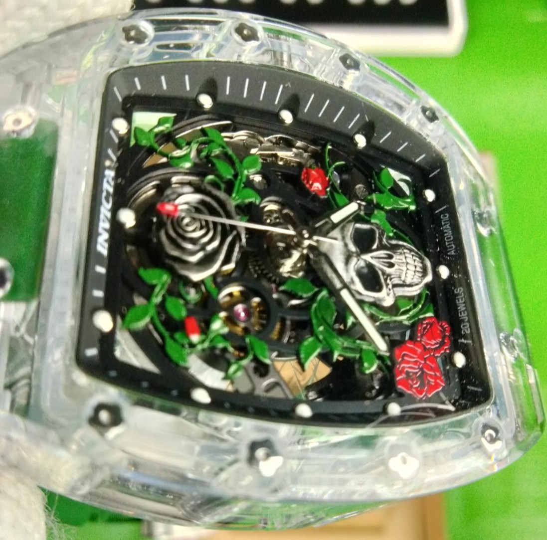 Invicta Roseskull Artist Automatic Men Watch 69497 K9 Glass Case Grn Strap WR30M