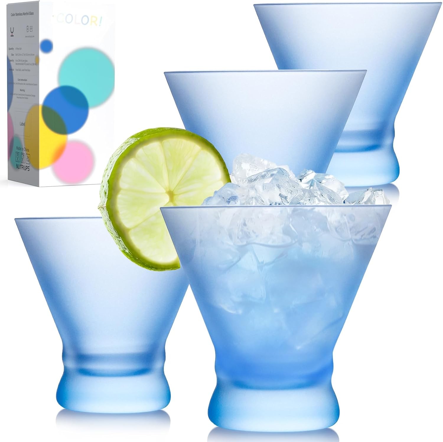 8oz Blue Frosted Stemless Martini Glasses, Matte Finish Fingerprint-Resistant