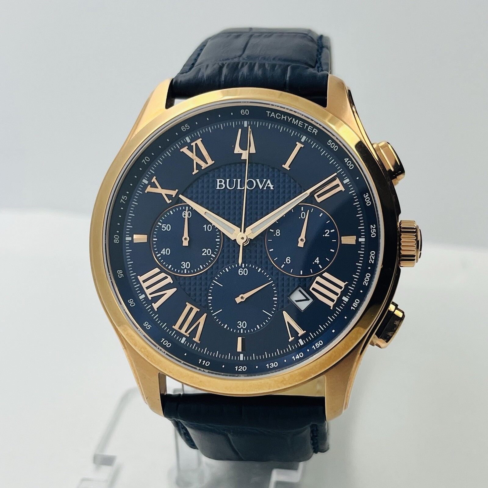 Bulova Wilton Men’s Chronograph Rose Gold Steel 47mm Leather Watch 97B170