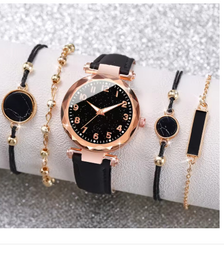 5PCS Women’s Watch Bracelet Set Quartz Analog Leather Band Fashion Wristwatch Gi