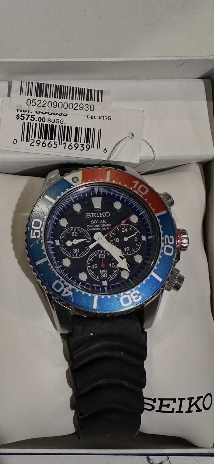 Seiko Solar Chronograph Diver 100m Blue Dial Blue/Red Bezel Rubber w/Box
