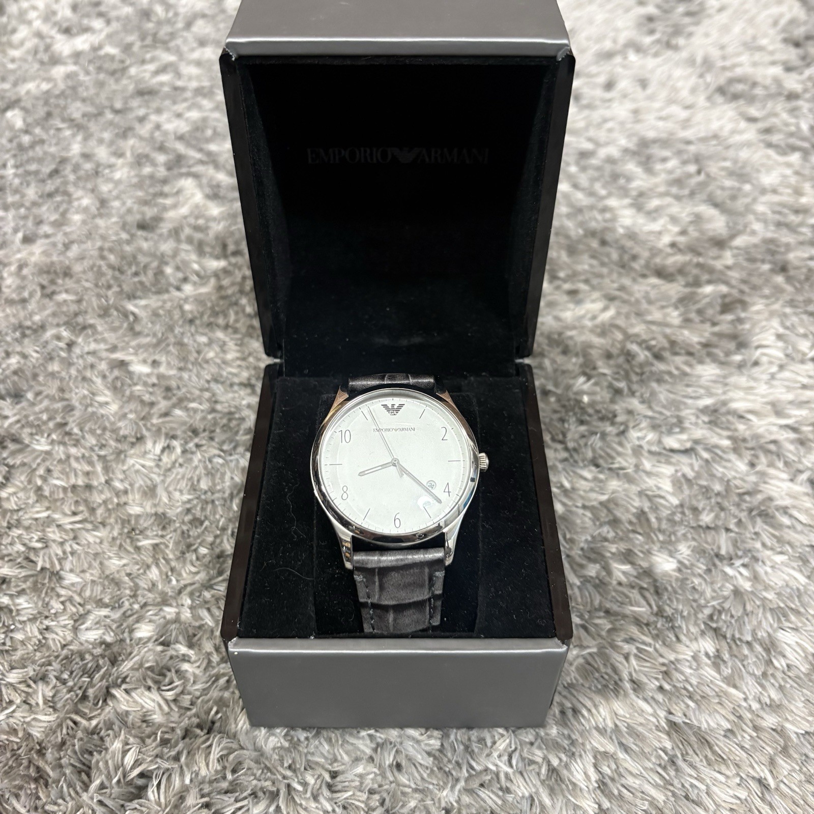 Emporio Armani AR1880 Classic Silver Dial Date Grey Leather Strap Men’s Watch