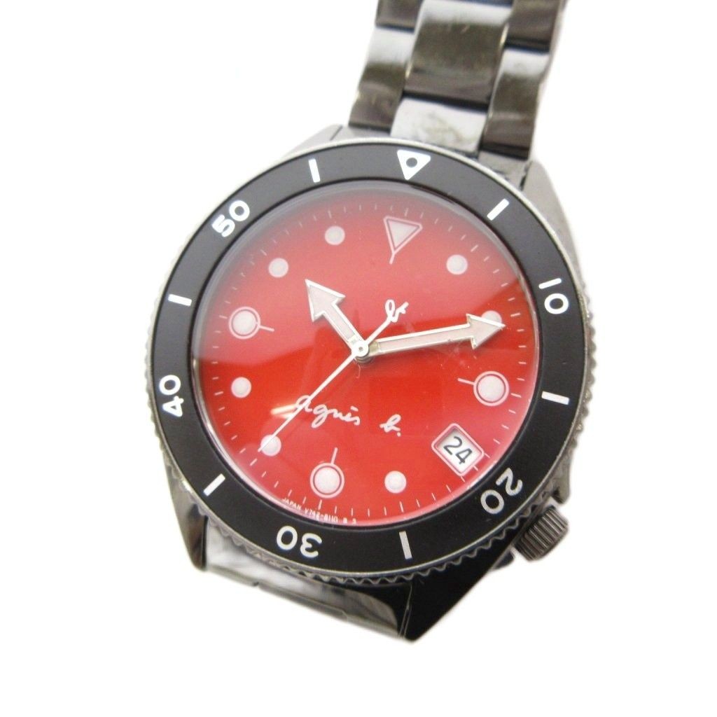 Agnes b V742-8060 Women Quartz Working Black Red Dial Japan Collectible Watch