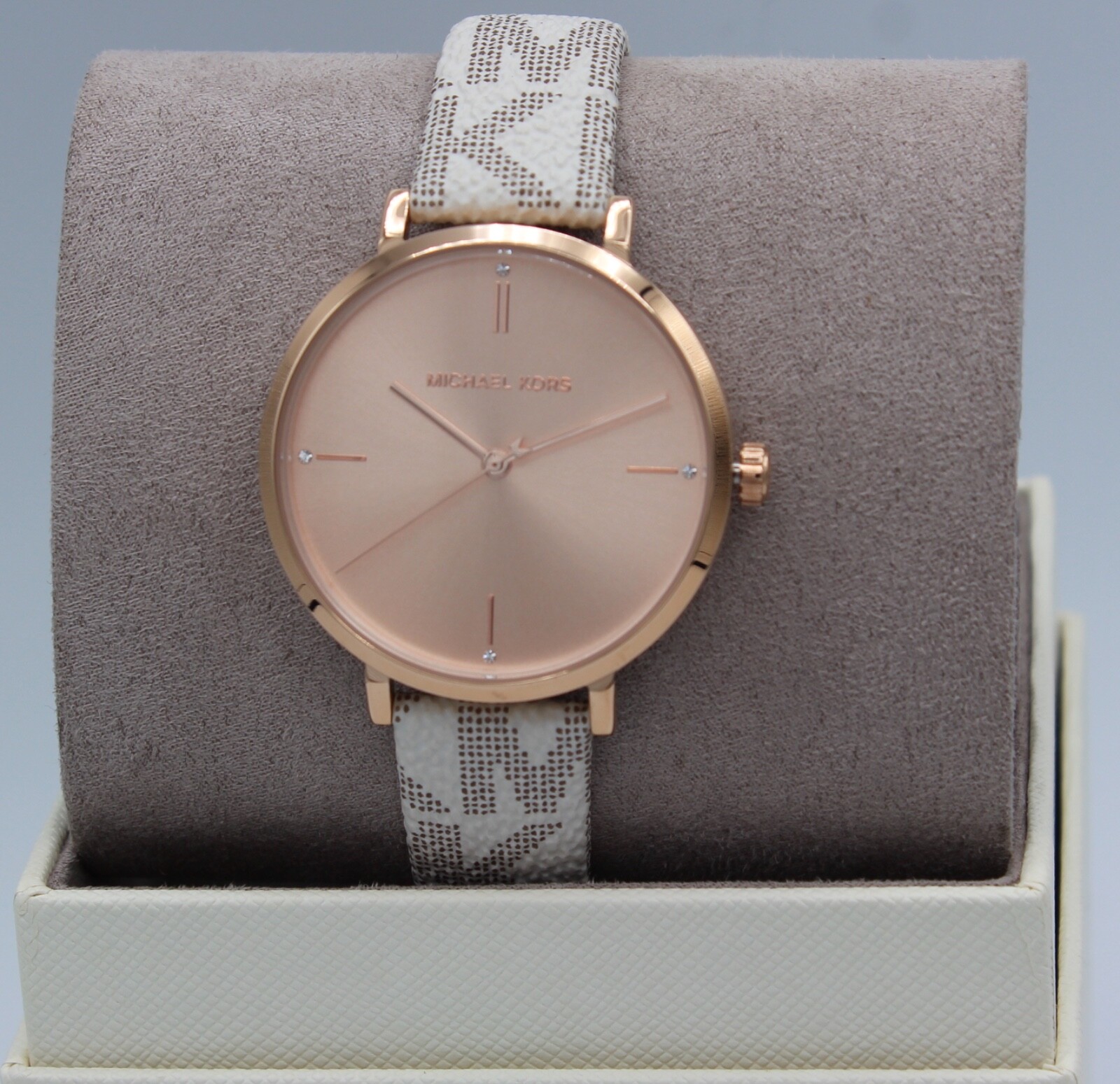 NEW AUTHENTIC MICHAEL KORS JAYNE VANILLA WHITE ROSE GOLD PVC WOMENS MK7128 WATCH