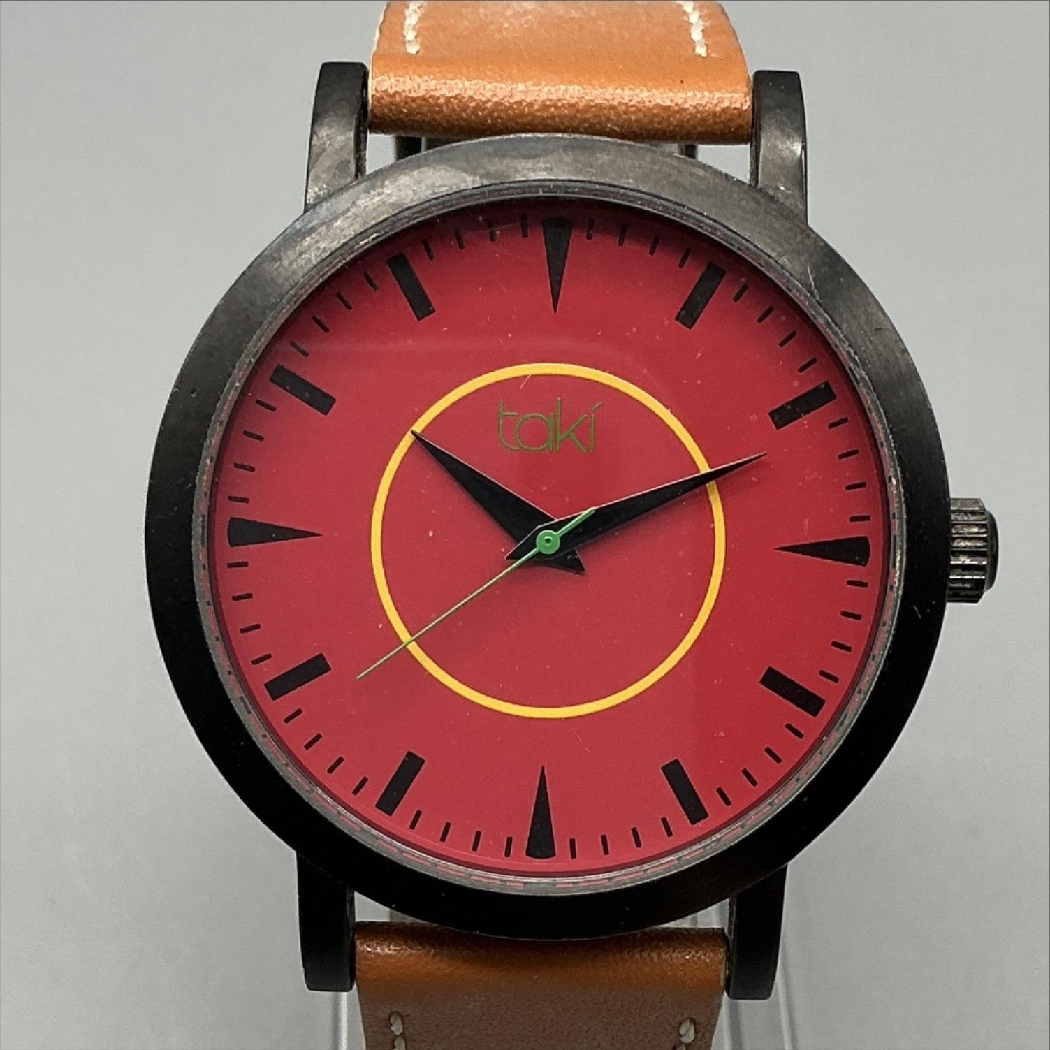 Taki Mens Watch 41mm Red Dial Brown Leather Strap Black Case New Battery