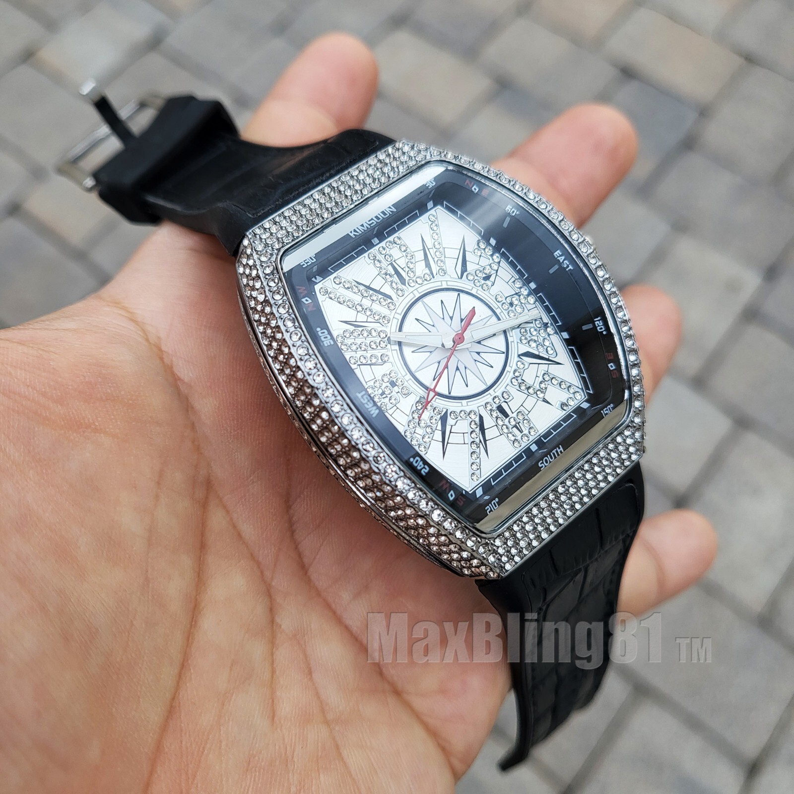 MEN’S WATCH HIP HOP SILVER PT ICED BLACK SILICONE BAND SIMULATED DIAMOND BLING