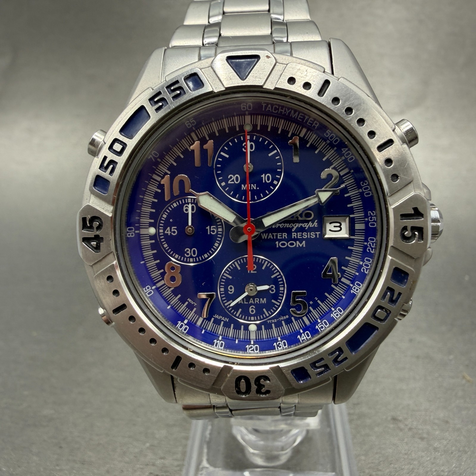 Seiko Chronograph Dive Watch Men 40mm Blue Dial Steel Date 7T32-7G79 New Battery