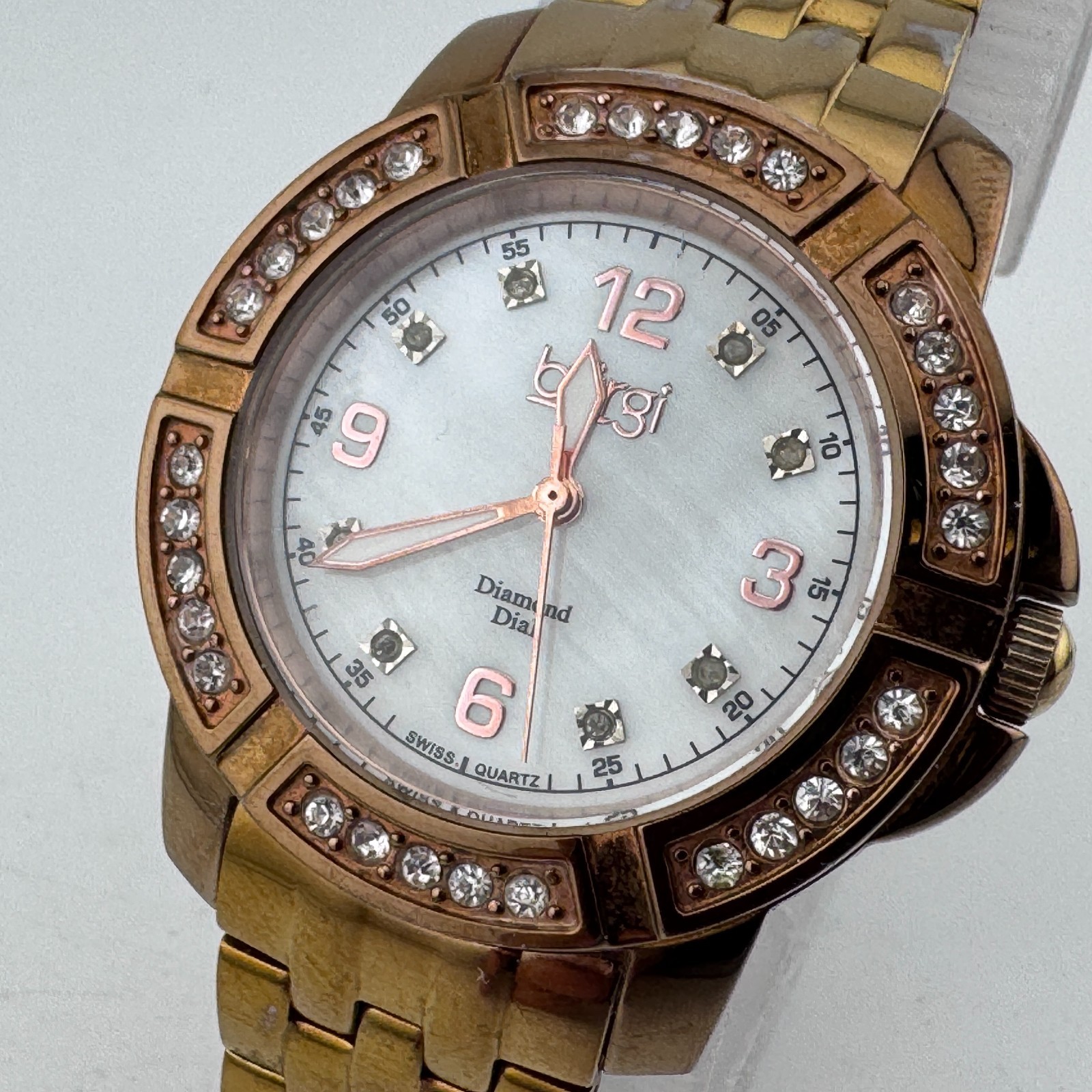 Burgi Swiss Quartz Watch Women Genuine Diamonds Rose Gold Steel New Batter 7.25″