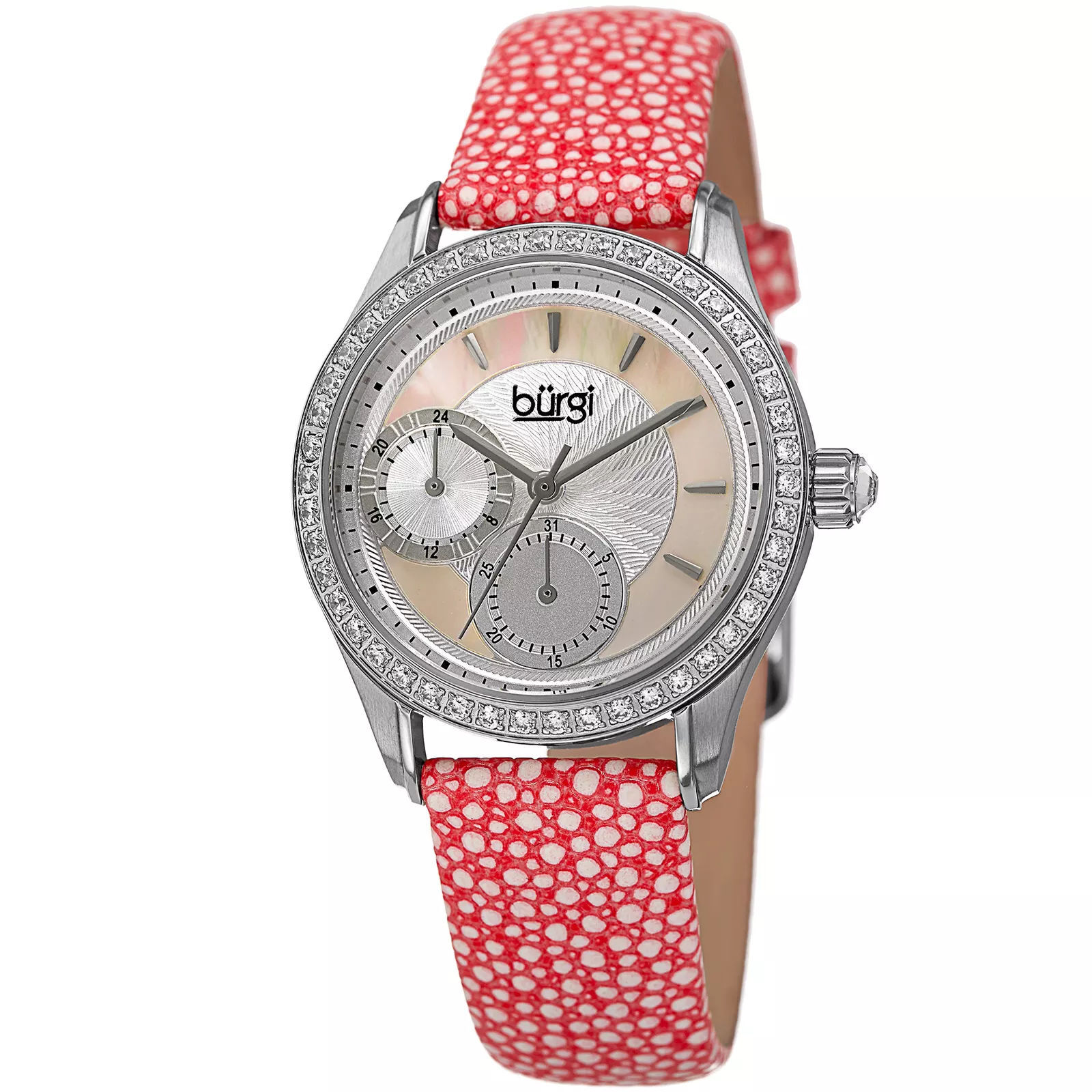 Burgi BUR160PK Crystal Accented Bezel MOP Dial GMT Date Pink Textured Leather