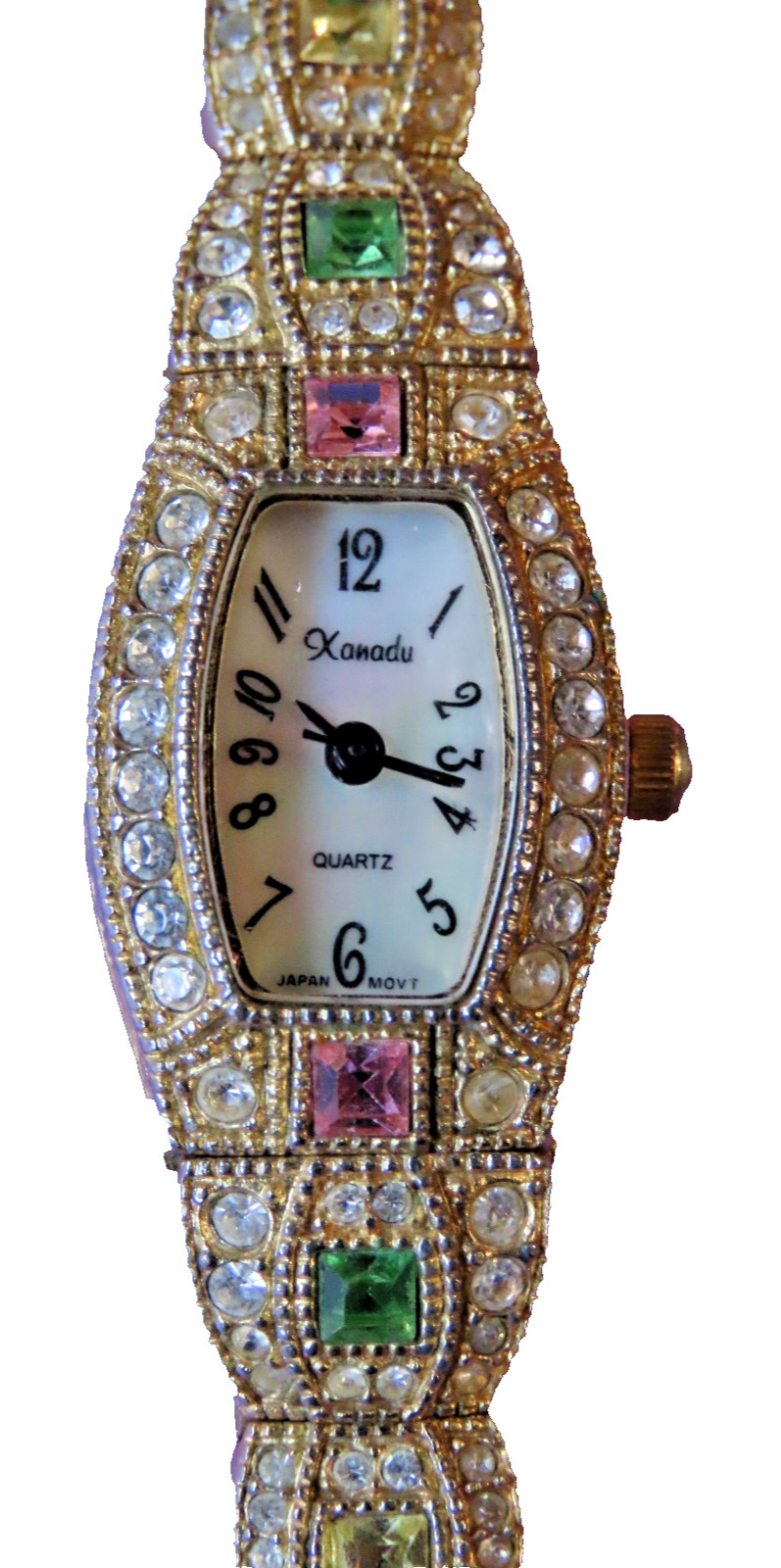 90s JEWELED TANK WATCH XANADU WOMEN’S RUNS MINERAL CRYSTAL GOLD TONE 7.5″ FANCY
