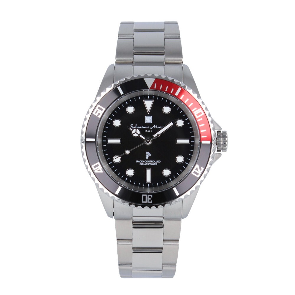 SALVATORE MARRA SM22110-SSBKRD Analog Quartz Solar Powered Black Silver