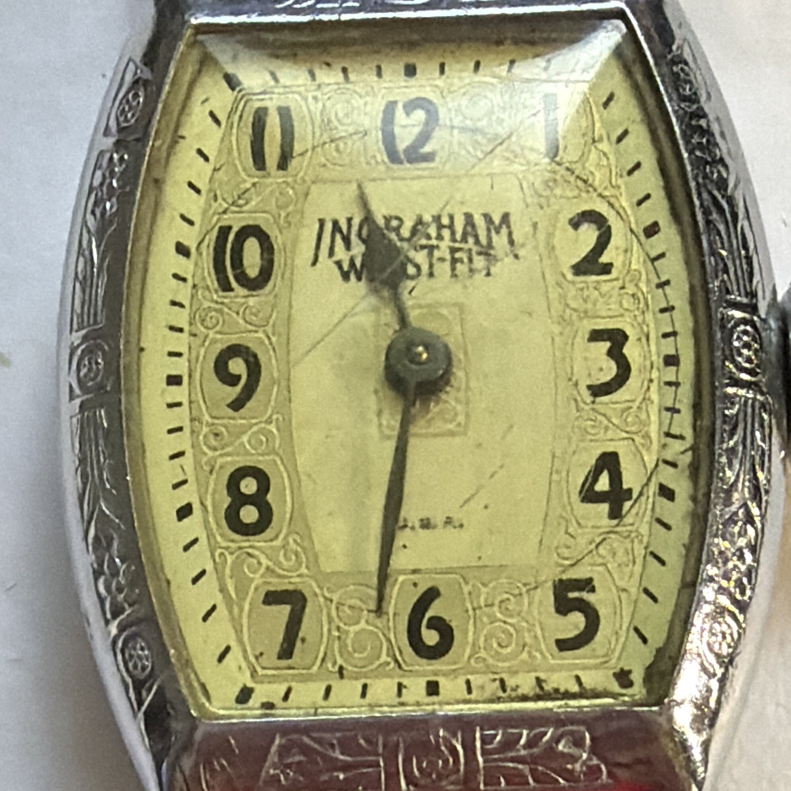 Ingraham Westfield Manual Tonneau Silver Cream Arabic Dial Black Leather 7J