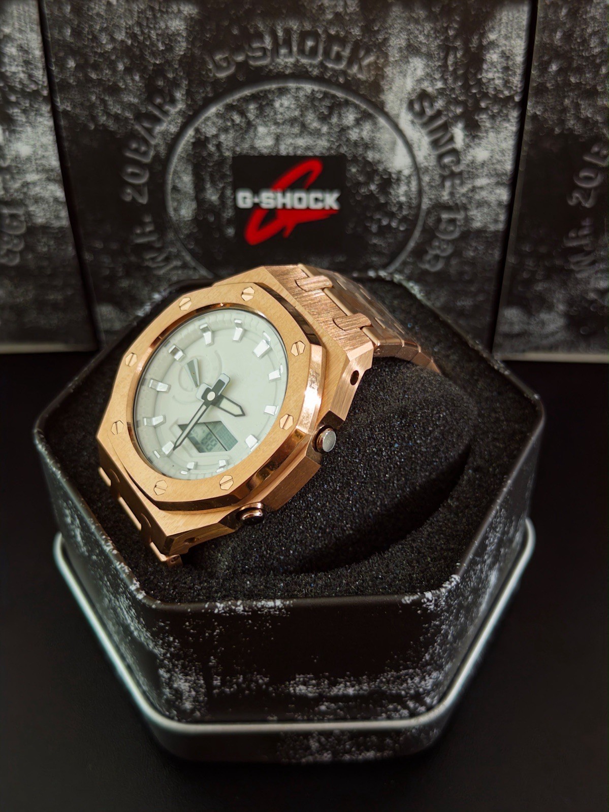 Casio GA-2100 G-Shock Watch – Sandblasted Gold Rose Case Mod – White Dial