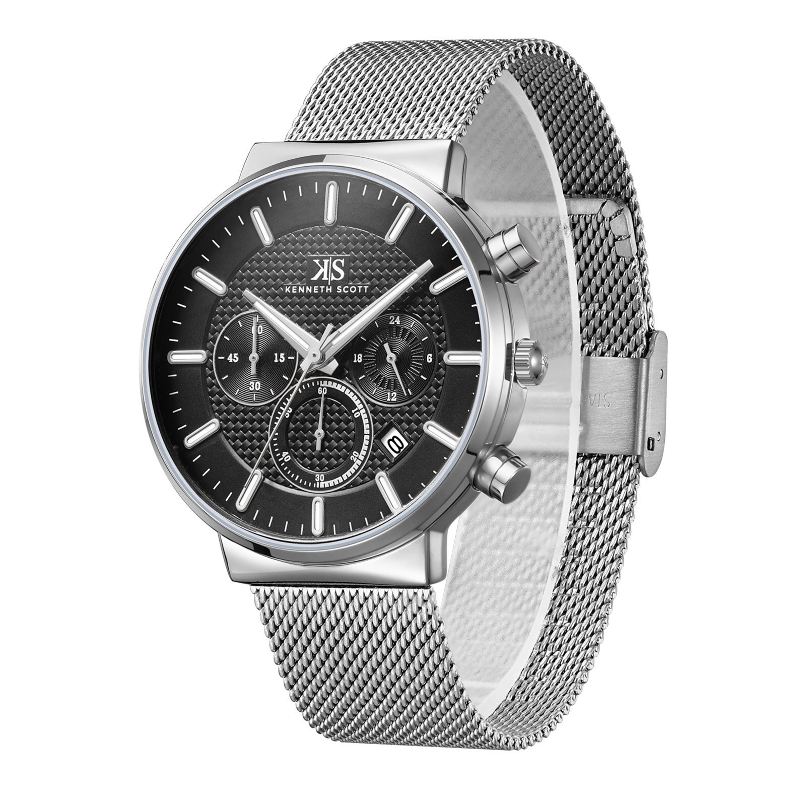 Kenneth Scott Men’s Multi-Function Casual Watch | Black Dial, Silver Mesh Strap