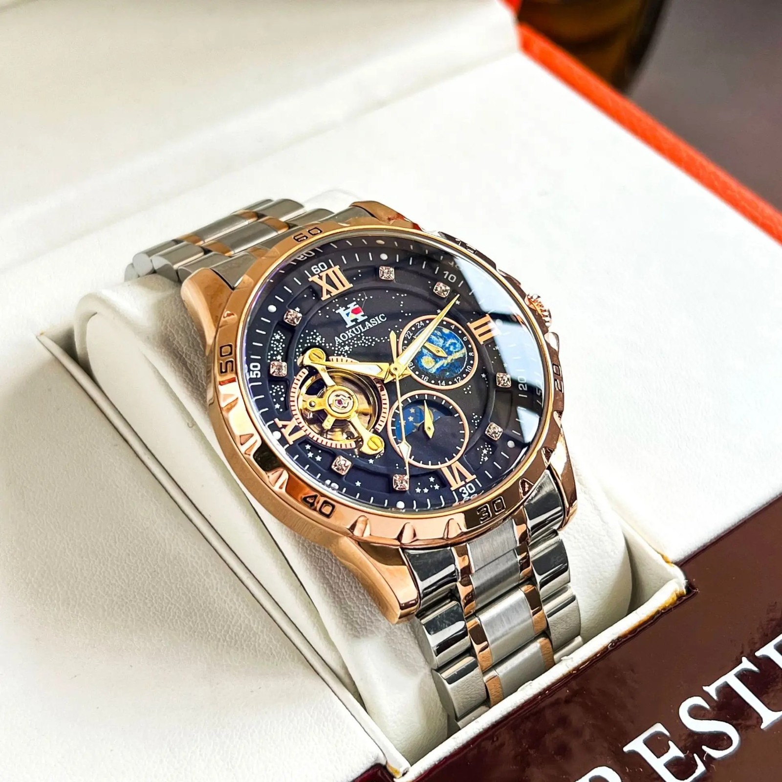 AOKULASIC Tourbillon Skeleton Mechanical Watches Starry Sky Moon Phase Dial Stee