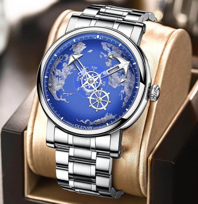 GLENAW Men’s Automatic Mechanical Watch Navigator Series Earth Dial Luminous