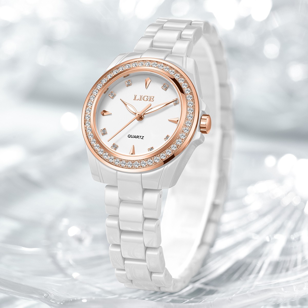 LIGE Ladies Watch Quartz Ceramic Strap Luminous Waterproof Women Wristwatch Gift
