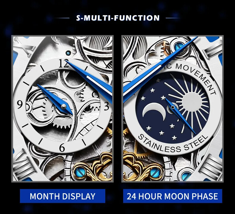 OLEVS Skeleton Self-Wind Automatic Mechanical Mens Watch Leather Band Moon Phase