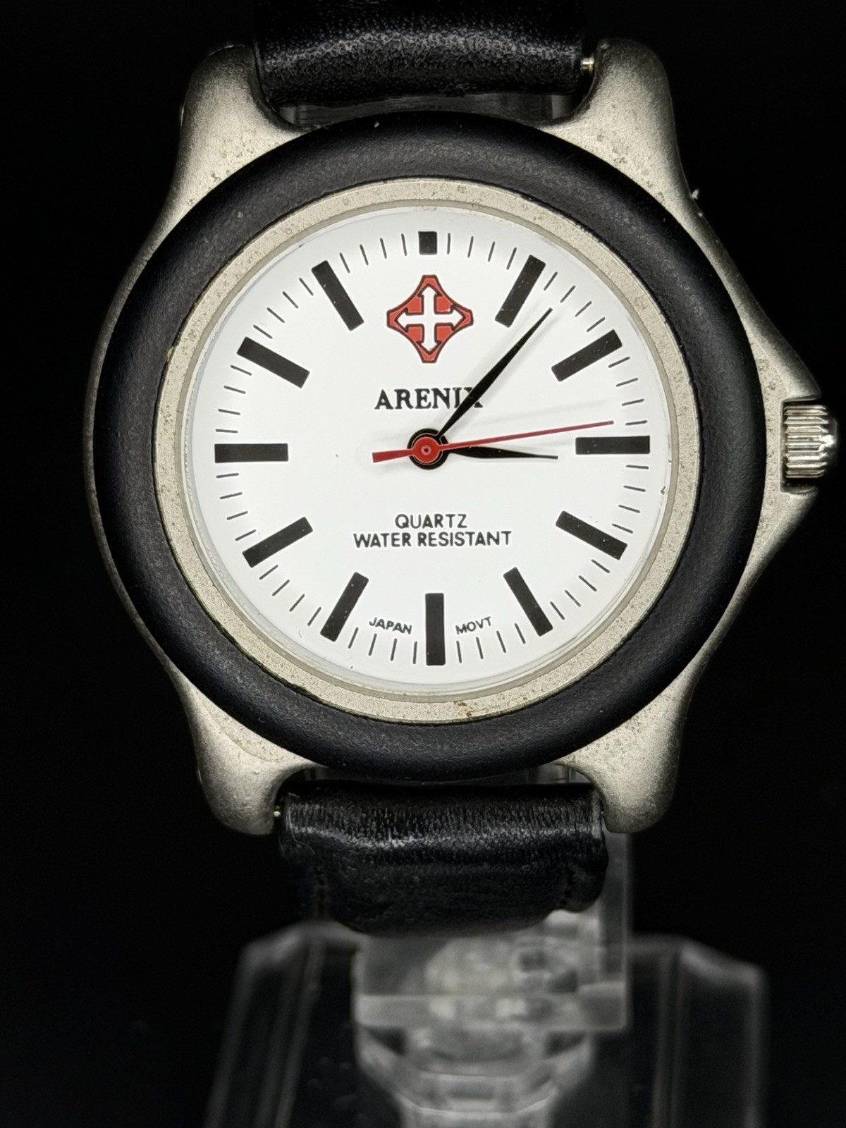 VTGArenix 38mm Silver Case NEW BATTERY White Dial Rubber Bezel Black Leather 940