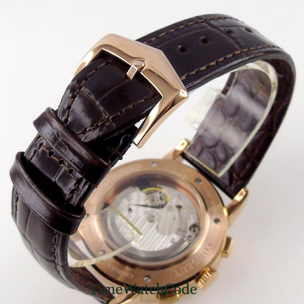 Corgeut 42mm Silver/Rose Gold Automatic Mens Watch Day Date Month Year Day/Night