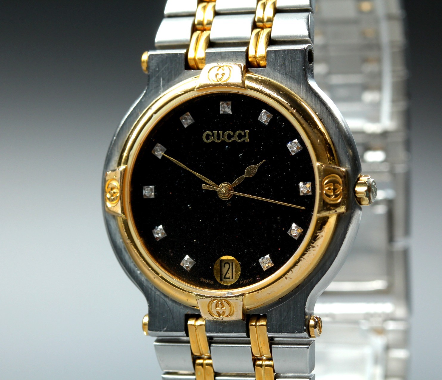 [EXC+5] Gucci 9000M 31mm 11p Diamonds Black Dial Two Tone Day Men Quartz Watch