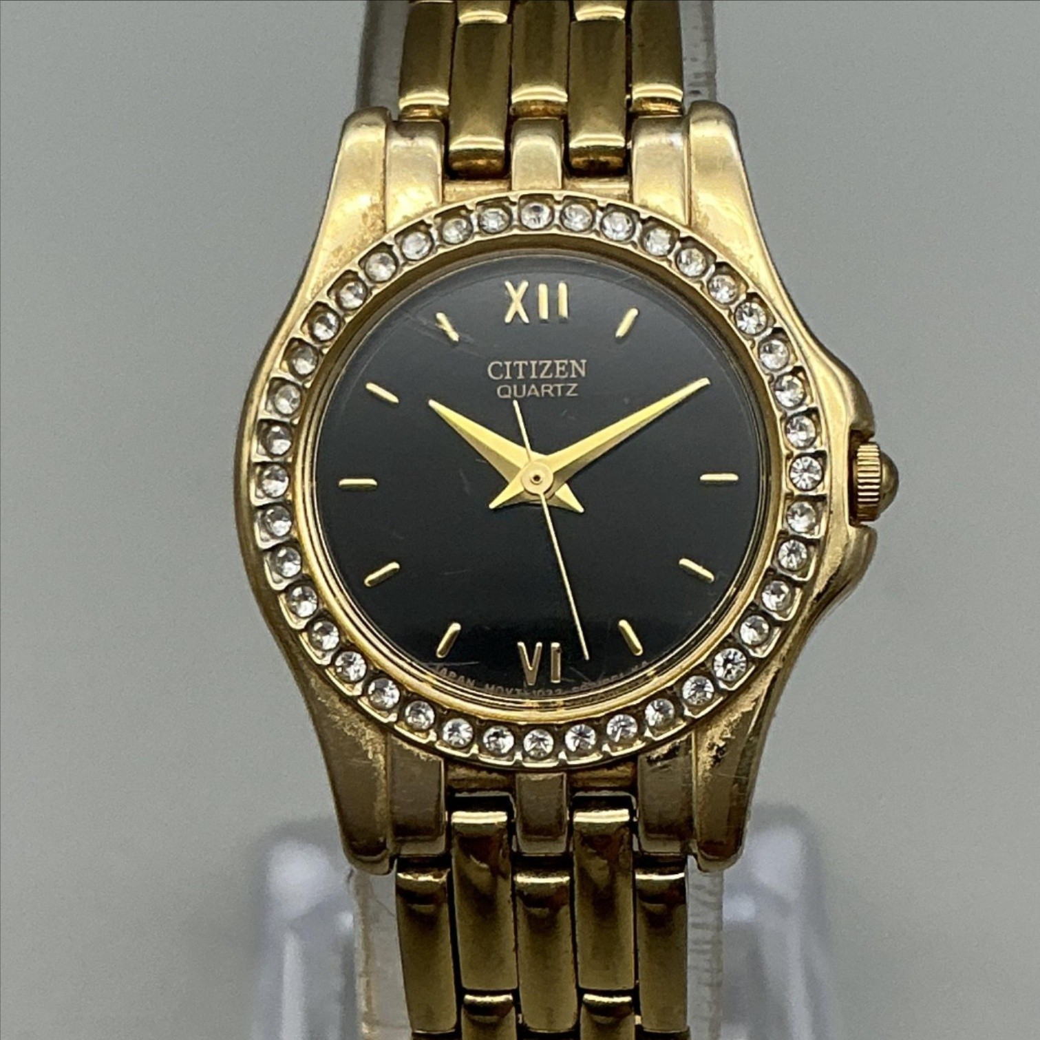 Citizen Womens Watch 24mm Black Gold Tone Bracelet Crystals New Battery 7.25″