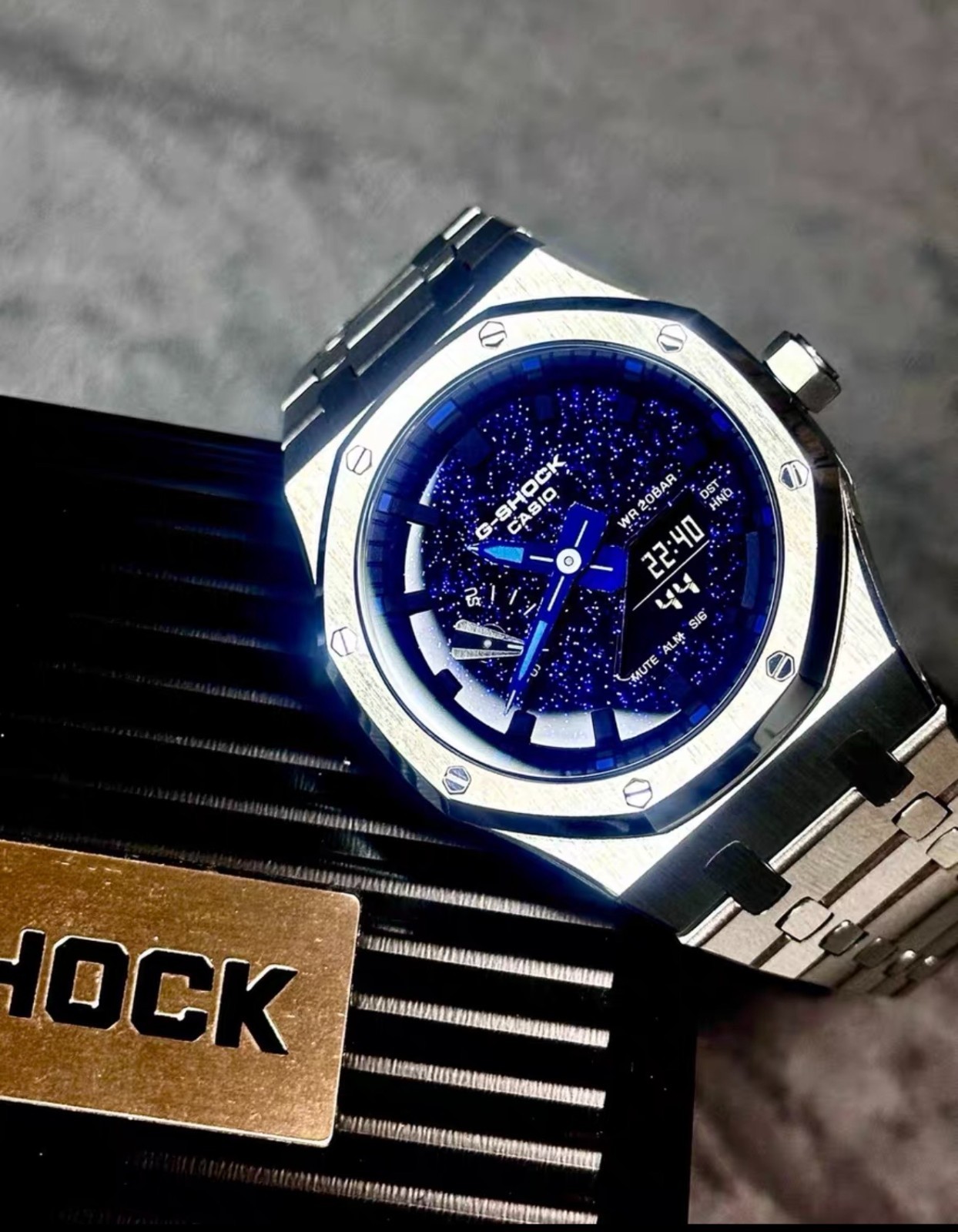 Custom Casio GA-2100 CasiOak Mod Silver Steel Band Blue Star Dial Watch Sapphire