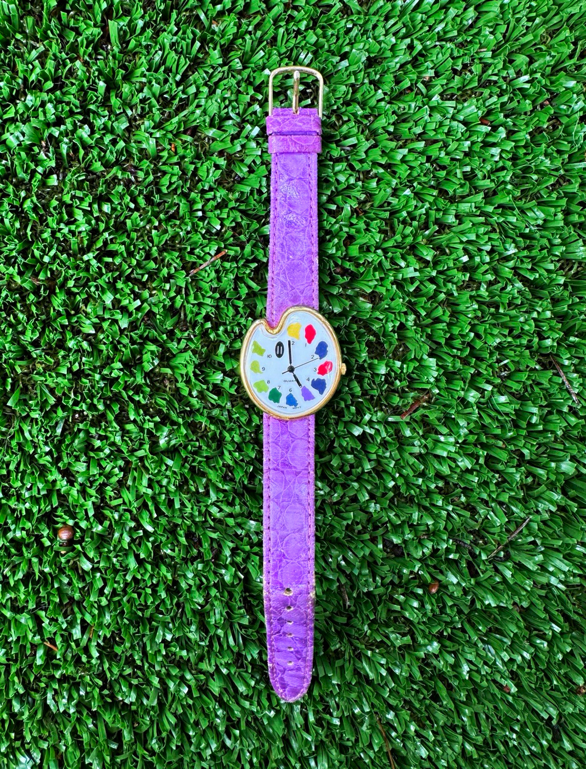 Women’s Quartz Analog Watch Gold Tone Case Purple Leather Strap Colorful Dial