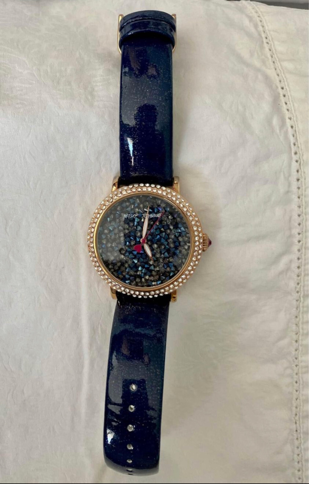Betsy Johnson Women’s Crystal Blue Dial Navy Blue Leather Strap Watch 