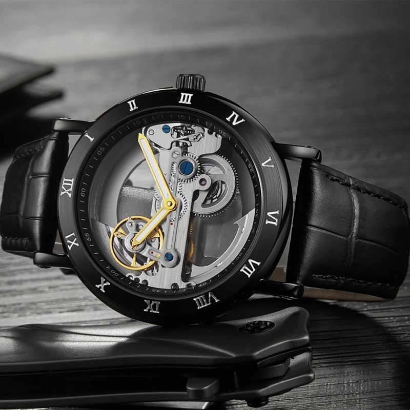 Men’s Automatic Watch Skeleton Mechanical Leather Strap Waterproof Wristwatch