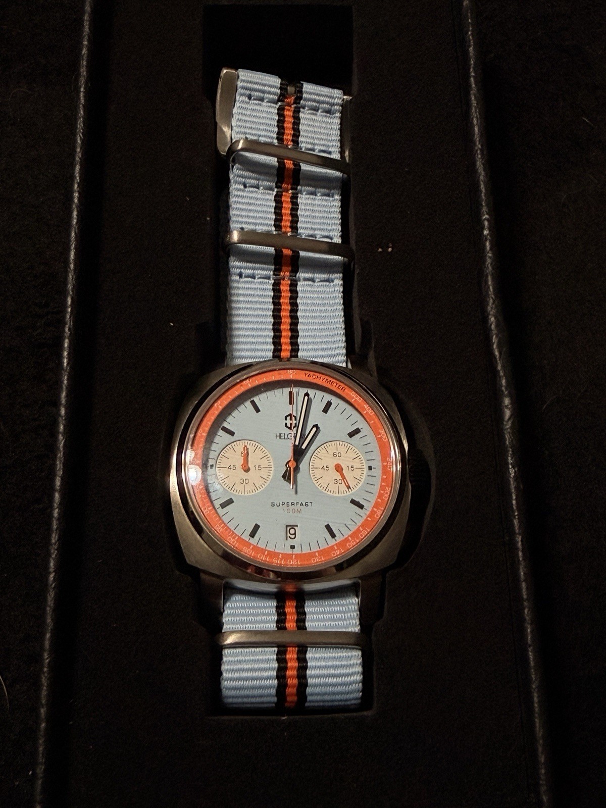 Helgray Superfast Chronograph Date Quartz Blue Dial Orange Bezel Nylon Strap Box