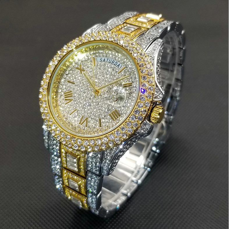 Luxury Gold Silver Hip Hop Ice out Men’s Watch Iced Bling Waterproof Cz Diamond