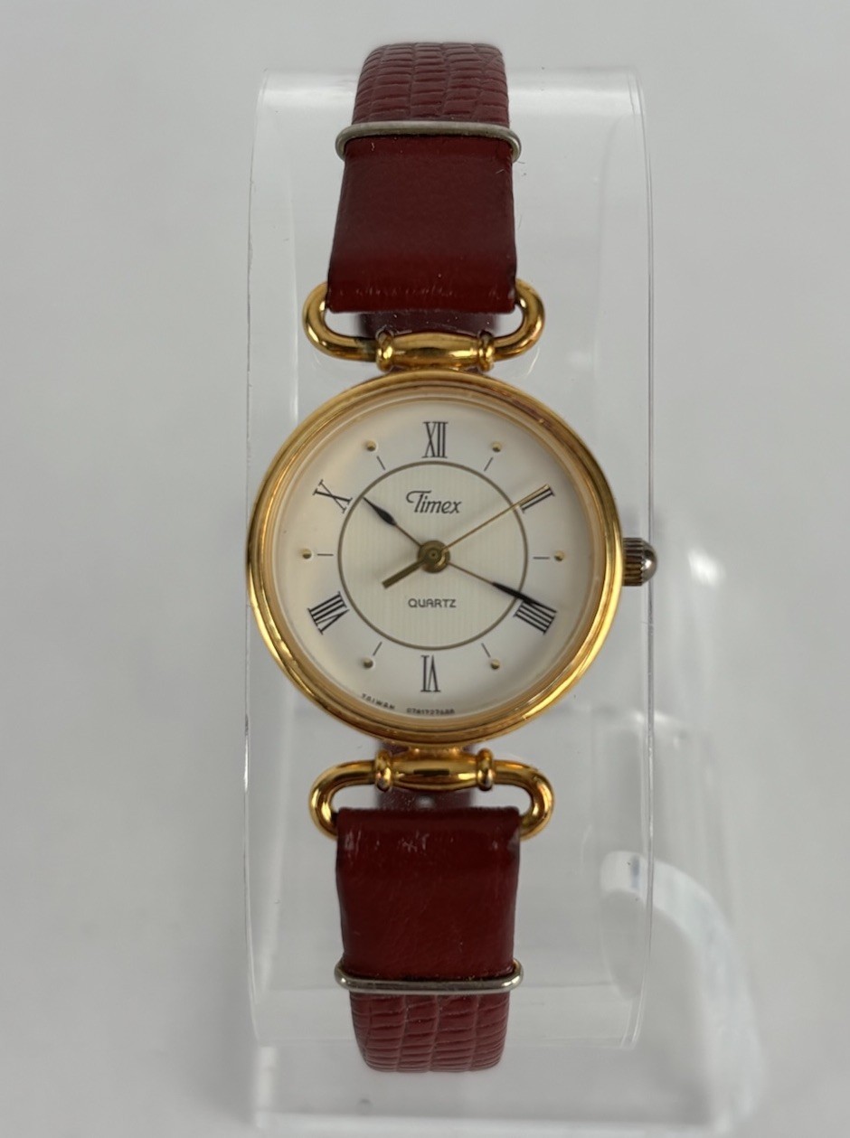 Timex 23mm Gold Tone Quartz Watch w/Red Leather Band & New Battery