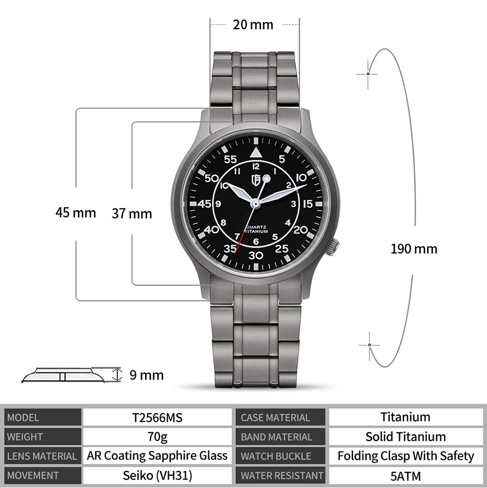 BERNY Men’s Titanium Quartz Watch Lightweight Sapphire Glass Luminous 5Bar