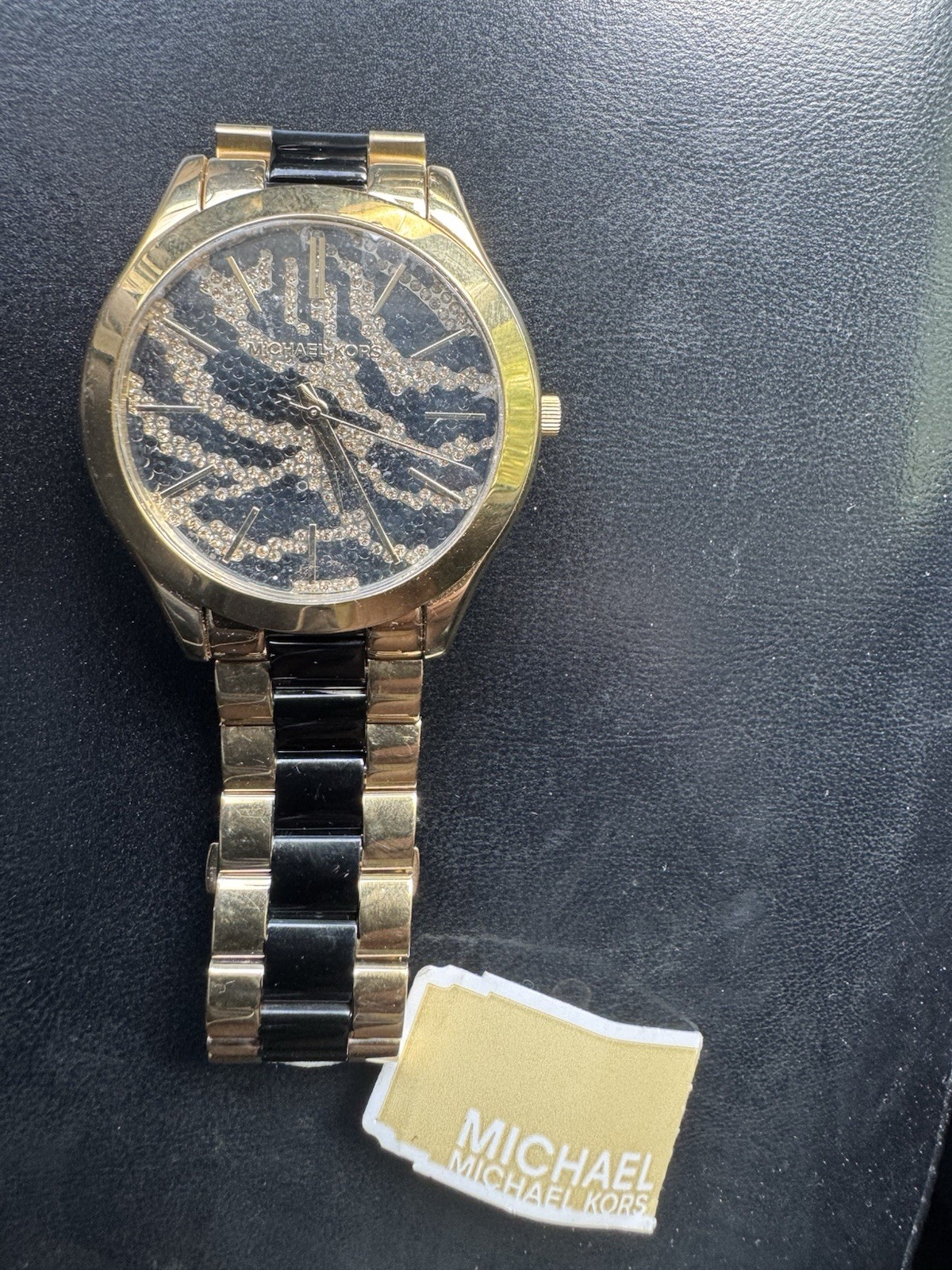 Michael Kors MK3315 Women’s Runway Gold Tone Watch Zebra Pavé Crystal Dial NWT