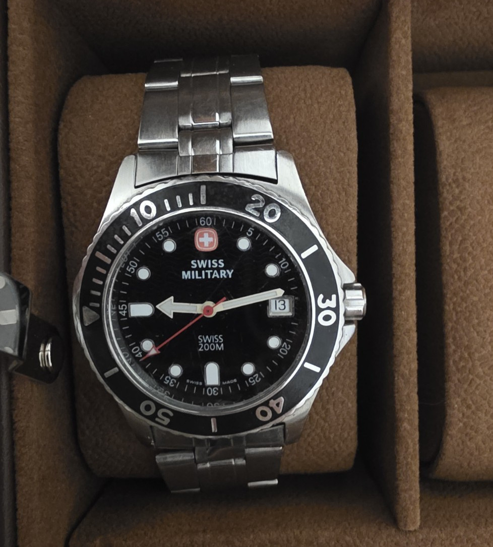Swiss Military Men’s Diver Watch 200m Quartz Black Dial Steel Bracelet Date