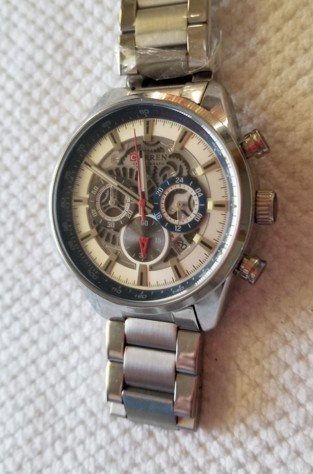 NWT Curren Silver Tone Chronograph Date Watch Link Band 8″ Max Size New Battery